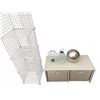 Image 1 : Storage Lot: Wicker Bench with Baskets, Wire Shelf, 2 Blue Metal Lanterns