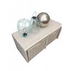 Image 2 : Storage Lot: Wicker Bench with Baskets, Wire Shelf, 2 Blue Metal Lanterns