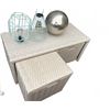 Image 3 : Storage Lot: Wicker Bench with Baskets, Wire Shelf, 2 Blue Metal Lanterns