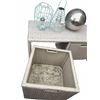 Image 4 : Storage Lot: Wicker Bench with Baskets, Wire Shelf, 2 Blue Metal Lanterns