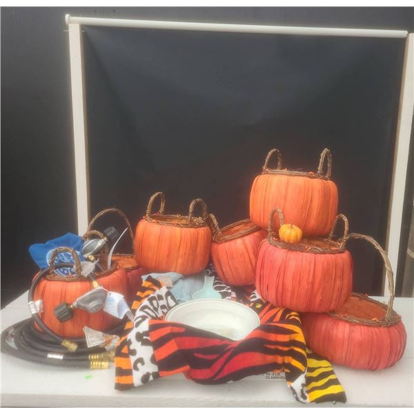 7 Pumpkin-Shaped Baskets, Royal Doulton Dish, Towels, Gas Hose, Spoon