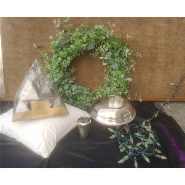 Home Decor Lot: Wreath, 12 Pyramid Crackers, Pillow, Chafing Dish, Aquatico, Lights
