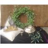 Image 1 : Home Decor Lot: Wreath, 12 Pyramid Crackers, Pillow, Chafing Dish, Aquatico, Lights
