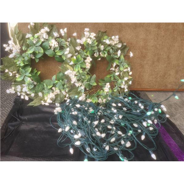2 Floral Wreaths with White Flowers and String of White Outdoor Lights