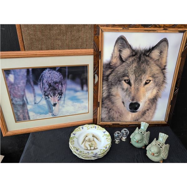 Decorative Lot: Abbott China Bird Figurines, Framed Wolf Prints and More