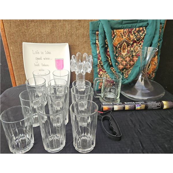 Drinkware Lot with Glasses, Pitcher, Plate, Stein, Tote Bag, and Bottle Light