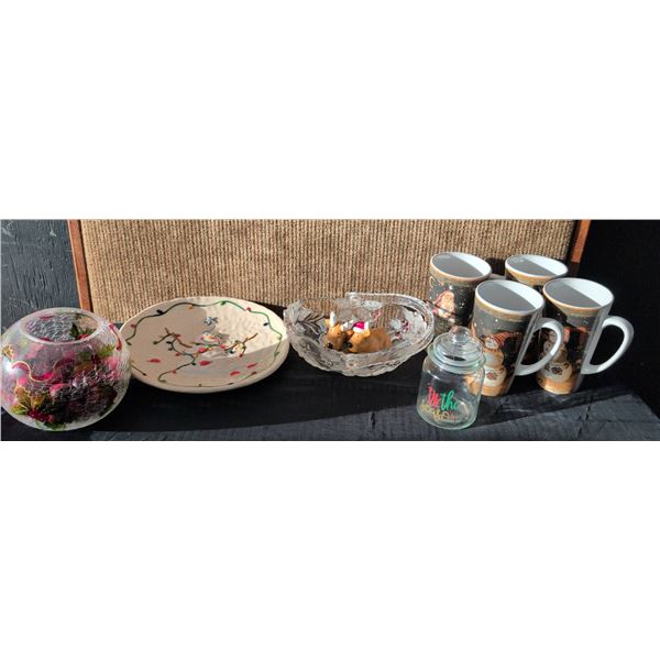 Hallmark Snowman Plate, 4 Mugs, Glass Pieces, Reindeer Shakers