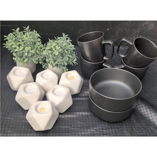 Lot: Kitchenware and 6 White Candle Holders