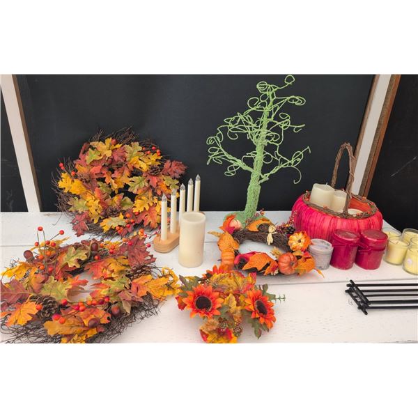 Fall Decor Wreaths, Faux Flowers, Candles, Basket, Etc