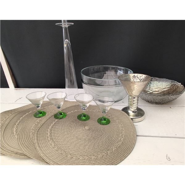 Tableware Lot: Green Base Glasses, Bowls, Silver Toned Cup