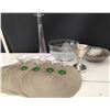 Image 1 : Tableware Lot: Green Base Glasses, Bowls, Silver Toned Cup