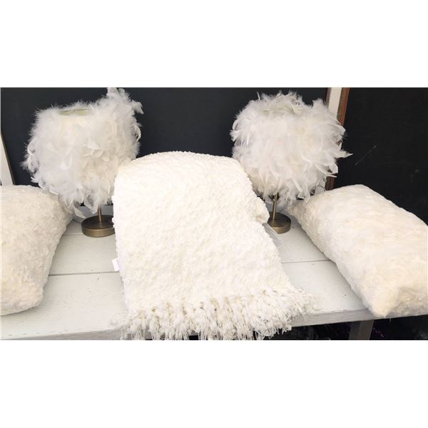 White Feather Lamps, Throw Blanket, Decorative Pillows, Towels, More