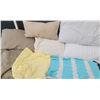 Image 1 : 6 Pillows, Yellow and Blue Throw Blankets, and Beige Quilted Coverlet