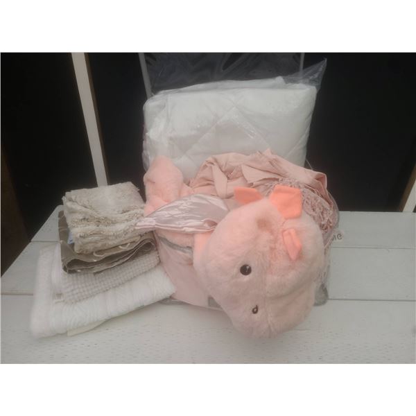 Soft Pink Bedding, Sheets Likely Double or Queen, Plush Dinosaur Wrap Blanket Included