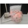 Image 1 : Soft Pink Bedding, Sheets Likely Double or Queen, Plush Dinosaur Wrap Blanket Included
