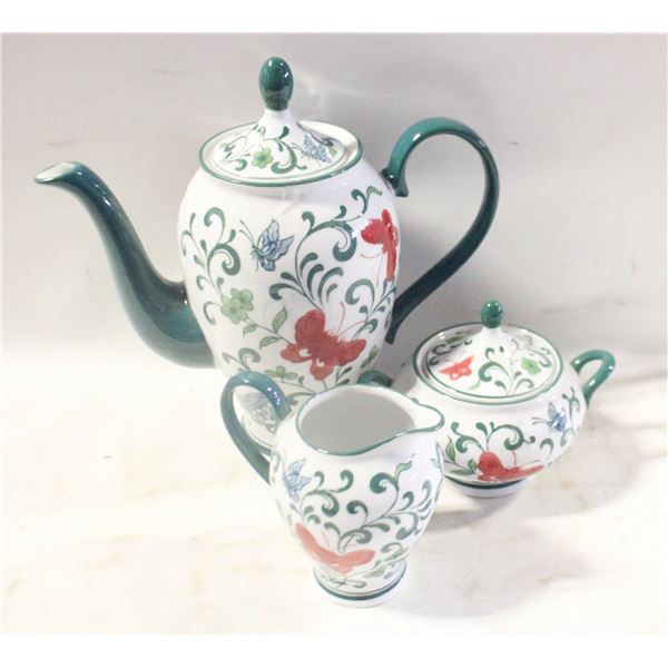 BOMBAY COFFEE POT, CREAMER+SUGAR W/BUTTERFLIES