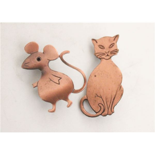 COPPER CAT + MOUSE VINTAGE BROOCHES