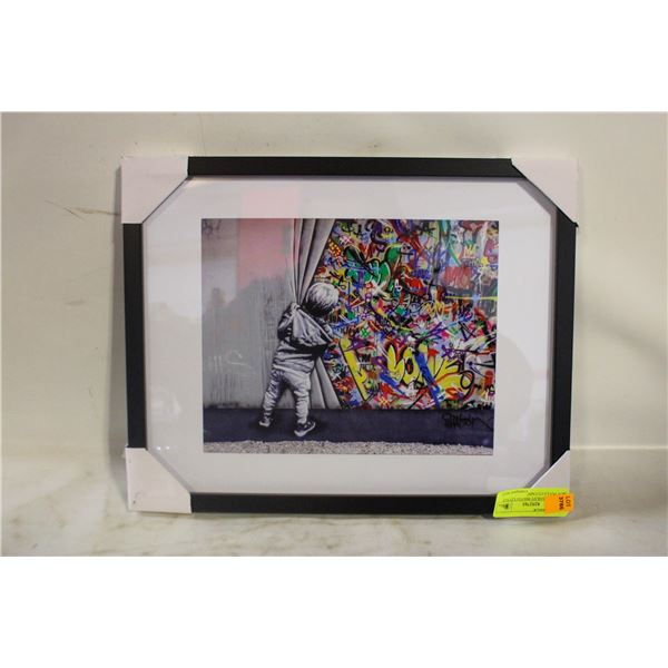 FRAMED BANKSY PHOTO 'LITTLE BOY PULLS CUTAIN'