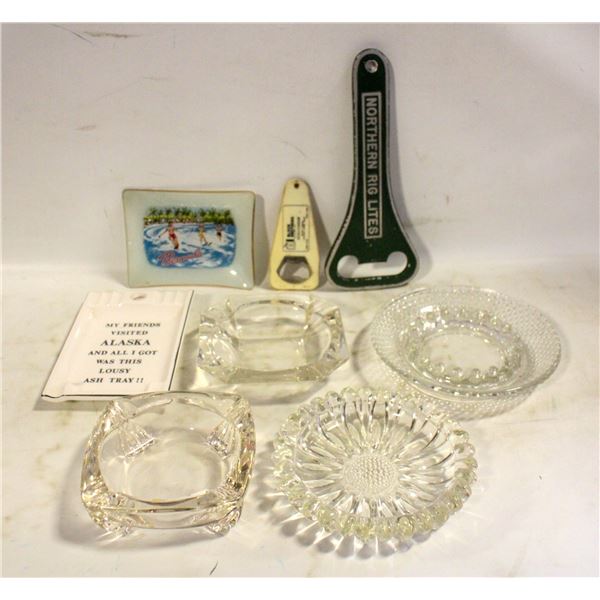 6 ASHTRAYS, 3 BOTTLE OPENERS & CIGARETTE CASE
