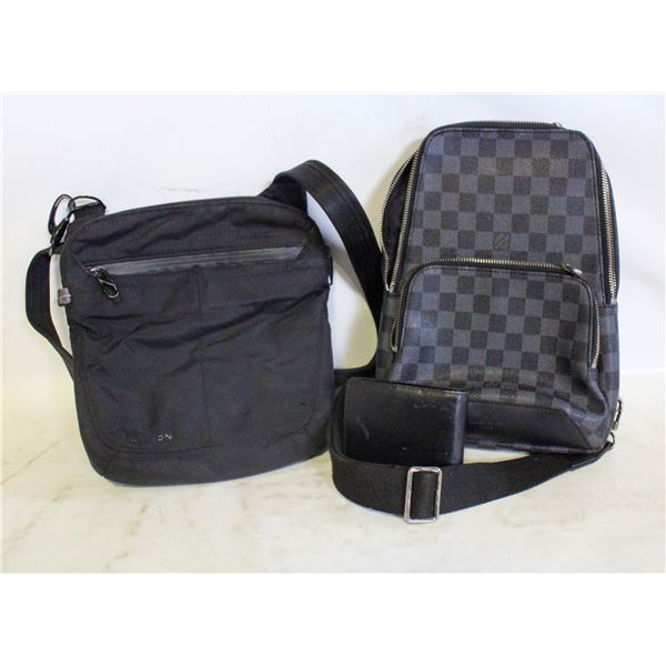 LOT OF CHECKERED AND BLACK SLING BAGS