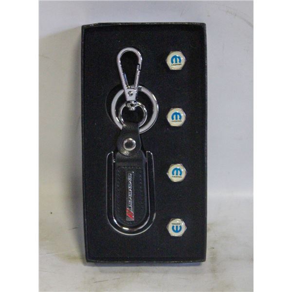 DODGE MOPAR KEYCHAIN AND 4 VALVE STEM CAP SET