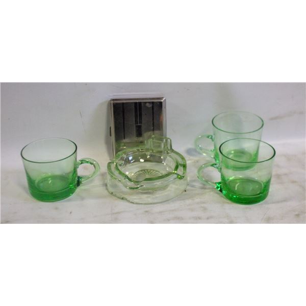 URANIUM GLASS ASHTRAY, CUPS AND CIGARETTE CASE
