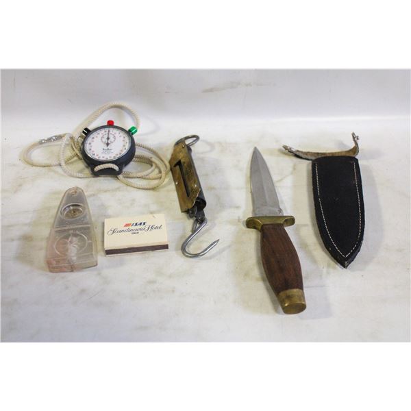 KNIFE /W SHEATH, COMPASS, STOPWATCH & FISH SCALE