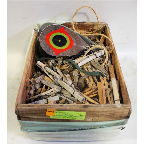 OLD WOOD CRATE FILLED WITH WOODEN CLOTHES PINS &