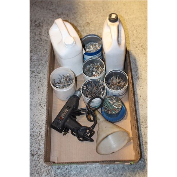ANTIFREEZE, FUNNEL, DRILL & 6 TINS NAILS / SCREWS