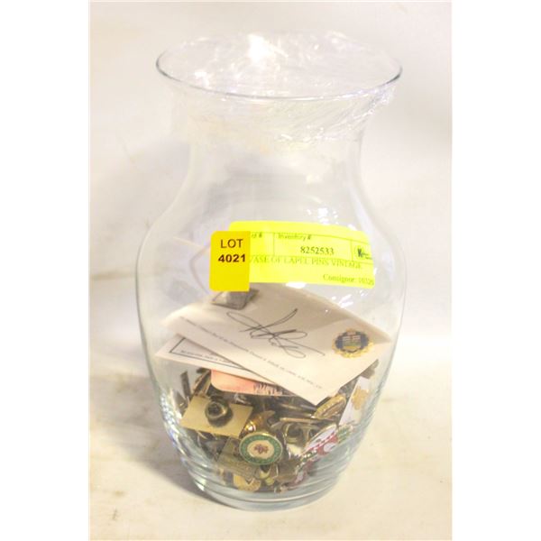 VASE OF LAPEL PINS VINTAGE