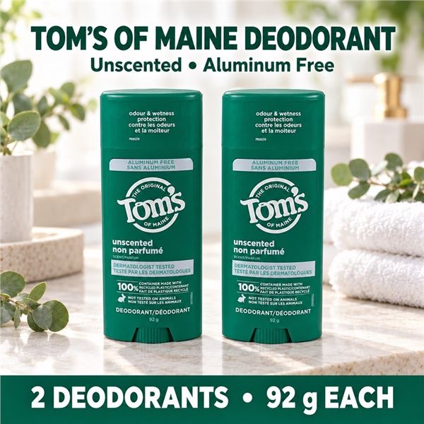 2 TOMS UNSCENTED ALUMINUM-FREE DEODORANTS 92G