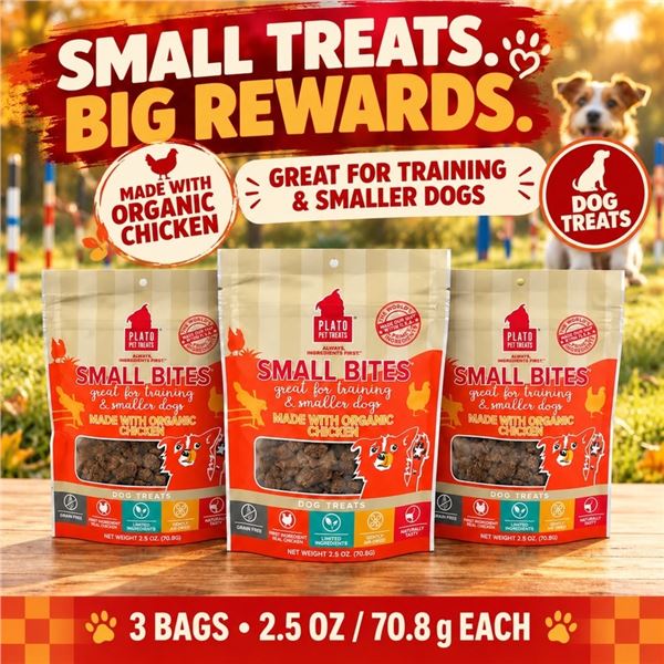 3 PLATO SMALL BITES CHICKEN DOG TREATS BB 10/26