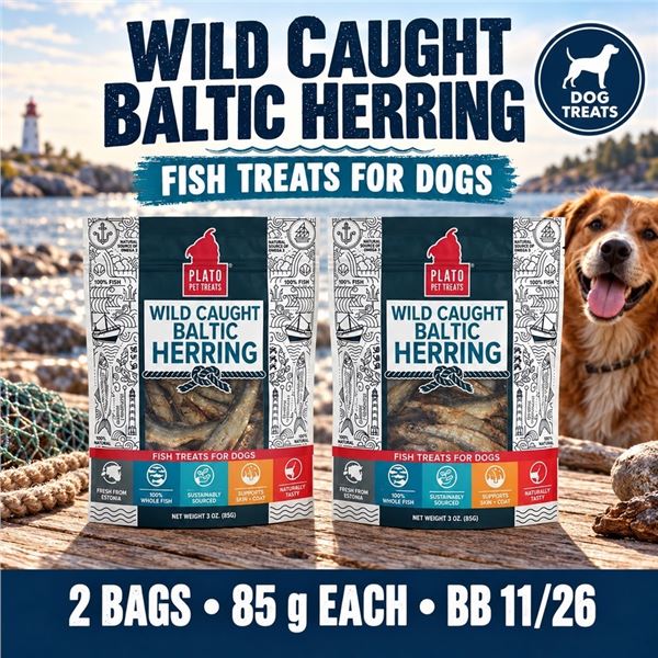 2 BAGS PLATO BALTIC HERRING DOG TREATS BB 11/26