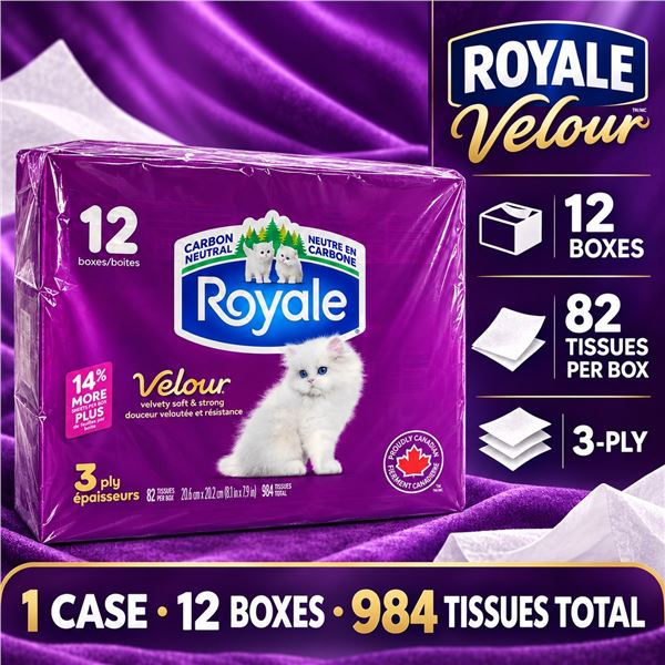 12 BOXES ROYALE VELOUR 3-PLY TISSUES 984 TOTAL