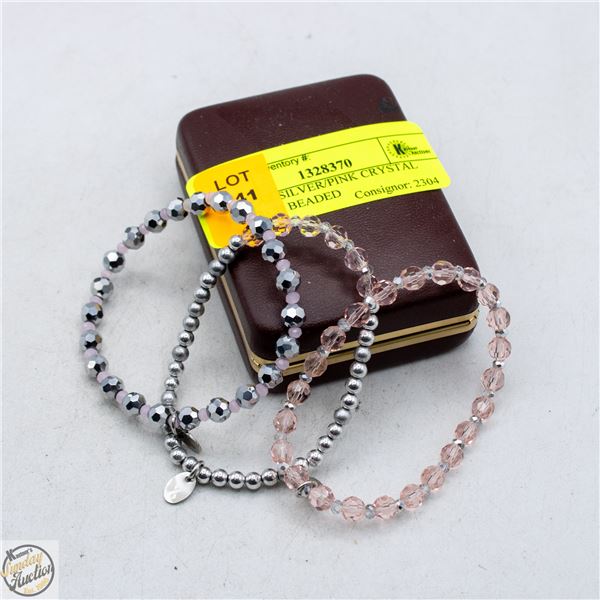 3 TOCAR SILVER/PINK CRYSTAL STRETCH BEADED