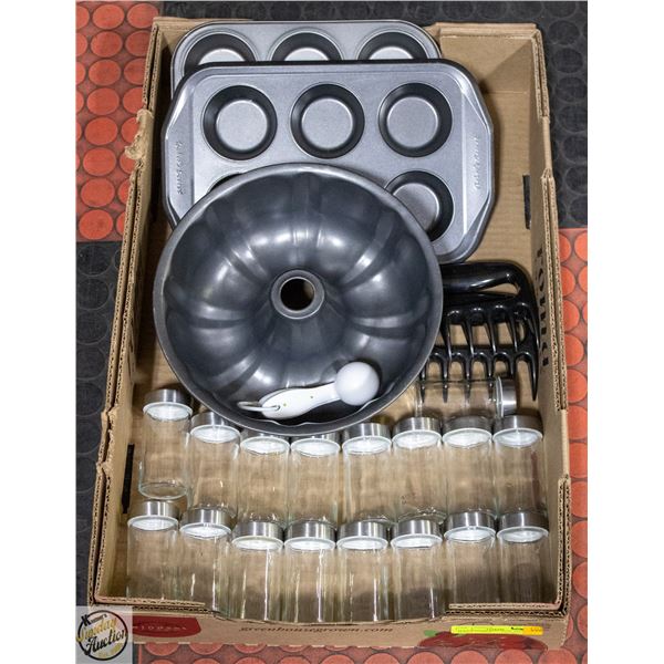 FLAT WITH MUFFIN PANS, SALAD FORKS, 17 SPICE