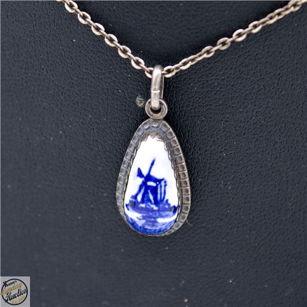 ESTATE 925 SILVER WHITE BLUE DELFT PORCELAIN