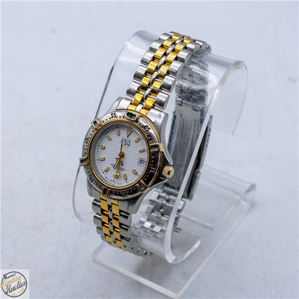 LADIES ESQ SWISS WATCH, WITH DATE, NEW BATTERY
