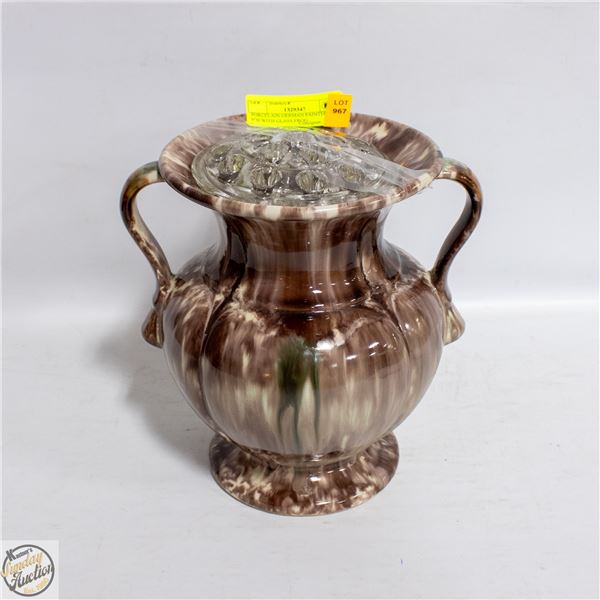 PORCELAIN GERMAN PAINTED VASE 9"H WITH GLASS FROG