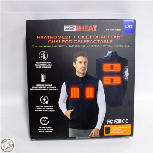 NEW 32 HEAT RECHARGEABLE HEATED VEST, SIZE LARGE
