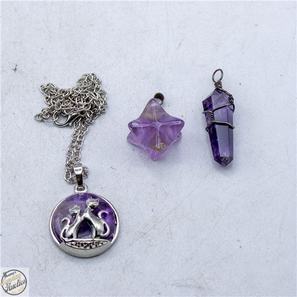 3 GENUINE AMETHYST GEMSTONE PENDANTS (1 CHAIN)