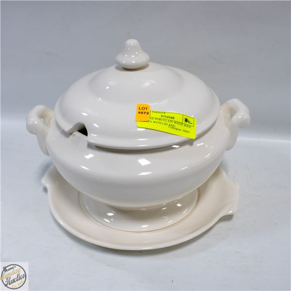 VINTAGE PORCELAIN WHITE SOUP TOUREEN WITH LID AND