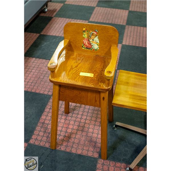 ANTIQUE WOOD CHILDREN'S HIGH CHAIR- 31 X 14