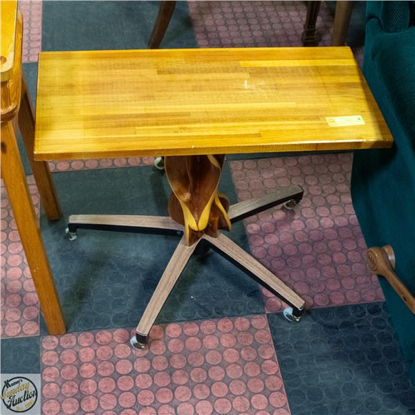 HANDCRAFTED WHEELED WOOD SIDE TABLE 25" X 19"