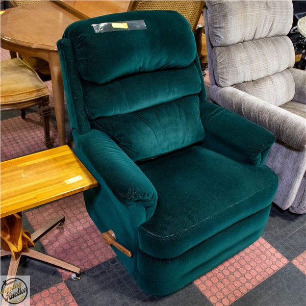 LAZ-BOY GREEN VELVET OVERSIZE ARM CHAIR- MEASURES