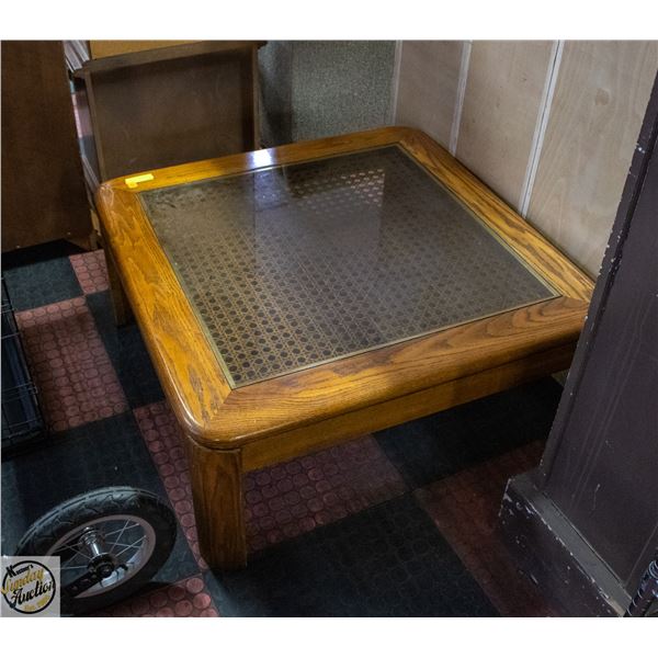 VINTAGE OAK/CANE INLAY COFFEE TABLE- 36 X 36 X 16