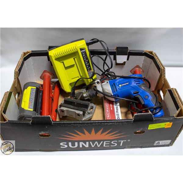 BOX OF 3 TON CAR STANDS (2),  DRILL PRESS FENCE,