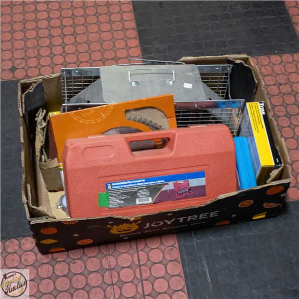 BOX OF NEW SQUIRREL TRAP, CARBIDE SAW BLADE