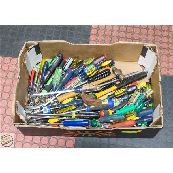 BOX OF 5 HAMMERS AND 75+ ASSORTTED SCREW DRIVERS,