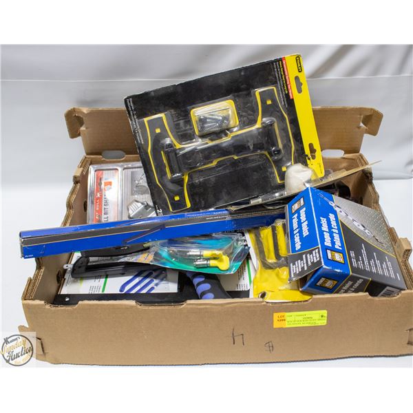 BOX OF NEW ROPE HOIST, SPRING TEE HINGES, MUSHROOM